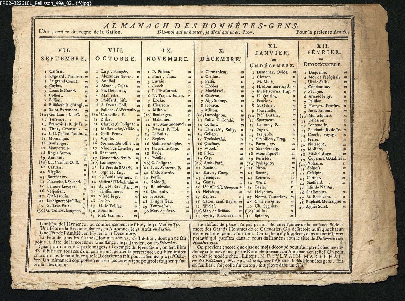 L'almanach des honnêtes gens, an premier du règne de la Raifon, septembre à février.