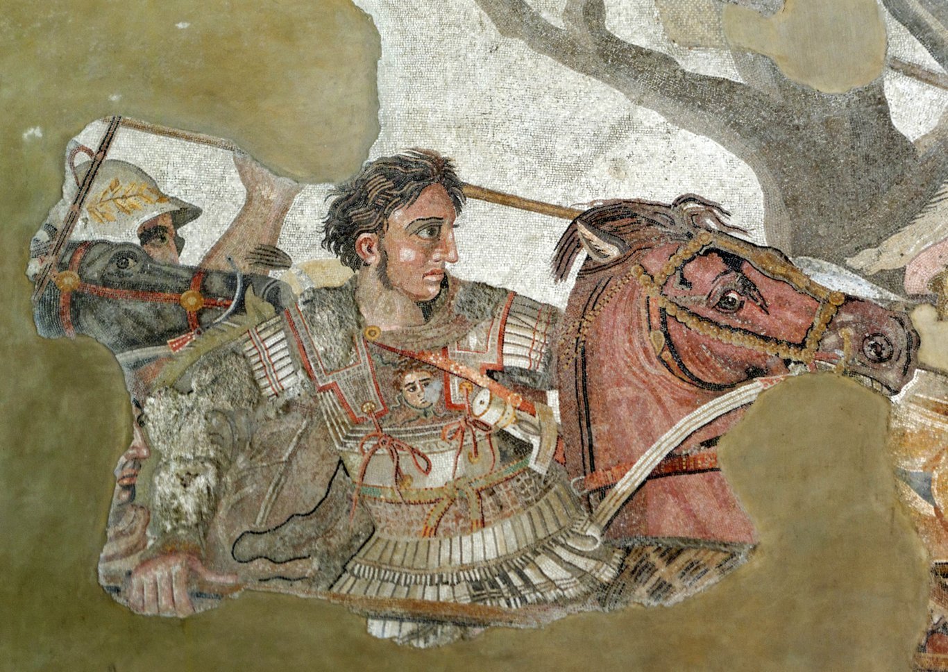 Mosaïque romaine provenant du sol de la maison du Faune à Pompéi, exécutée d'après une peinture du Grec Philoxenos d'Érétrie - la Bataille d'Alexandre,IIIe siècle av. J.-C. Elle représente la bataille d'Issos (333 av. J.-C.) au cours de laquelle Alexandre le Grand - figurant sur ce détail - a remporté une victoire éclatante sur le roi de Perse Darios III.
Mosaïque, 313 × 582 cm pour la totalité de l'œuvre. Musée archéologique national, Naples.