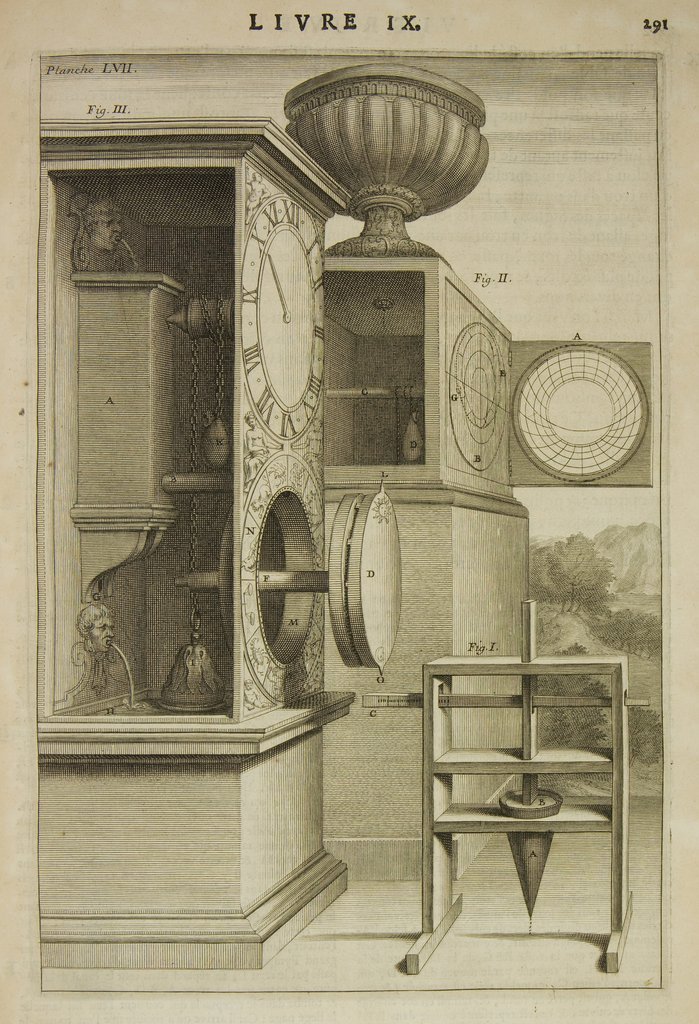 En bas à droite, un instrument à deux cônes dont nous avons vu le fonctionnement dans le texte de cette étude. Le débit de l'eau est régulé pour donner les heures inégales. - 
Au fond, une horloge anaphorique où les heures sont données sur un analemme (le cercle à droite de l'horloge) qui n'est autre qu'une projection de la sphère céleste comme sur les astrolabes. Le débit de l'eau n'est pas régulé. - 
A gauche, une horloge à Tympan où le passage de l'eau est régulé en tournant journellement le disque qui est en bas (normalement en position "poussée") constitué de deux plateaux d'épaisseur variable. Voir la photo suivante pour le détail du système.
