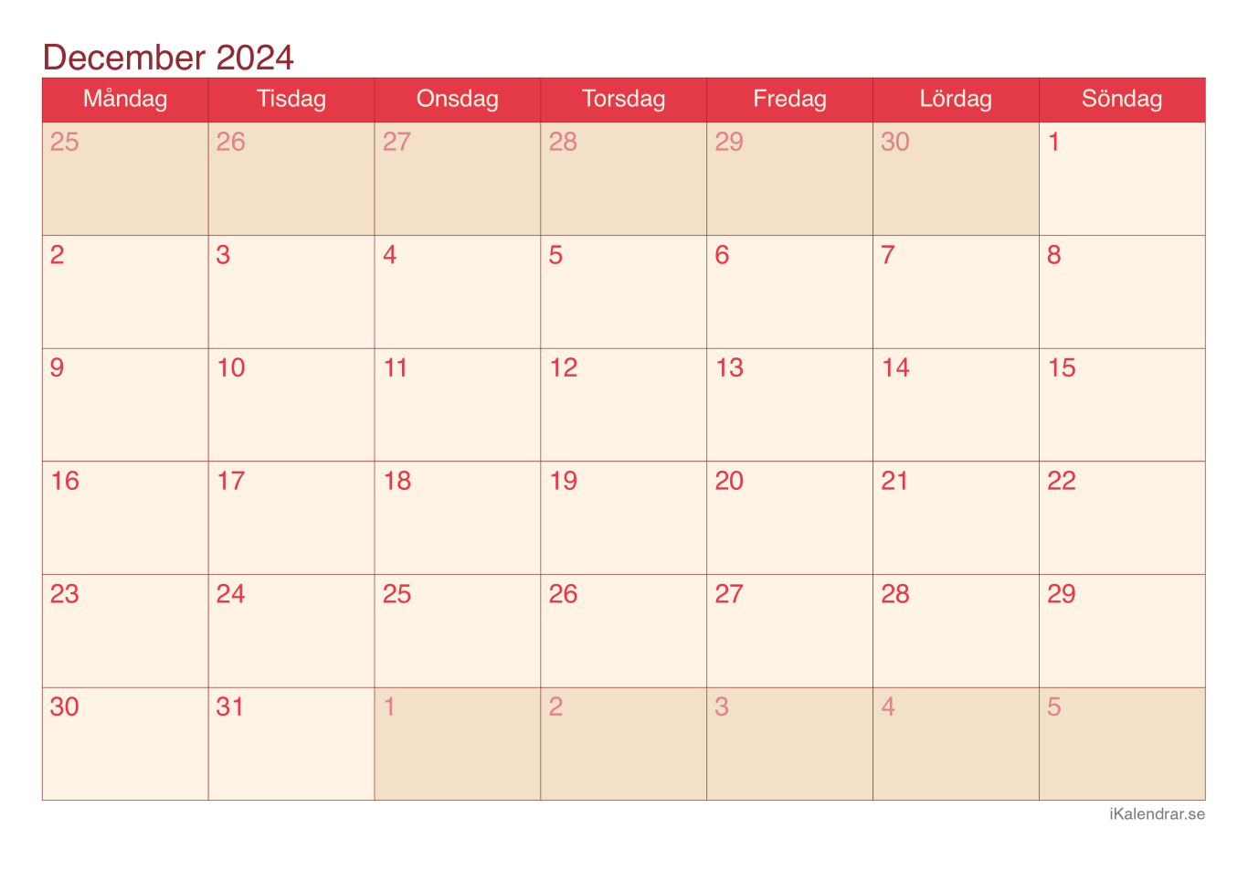 Månadskalender december 2024 - Cherry