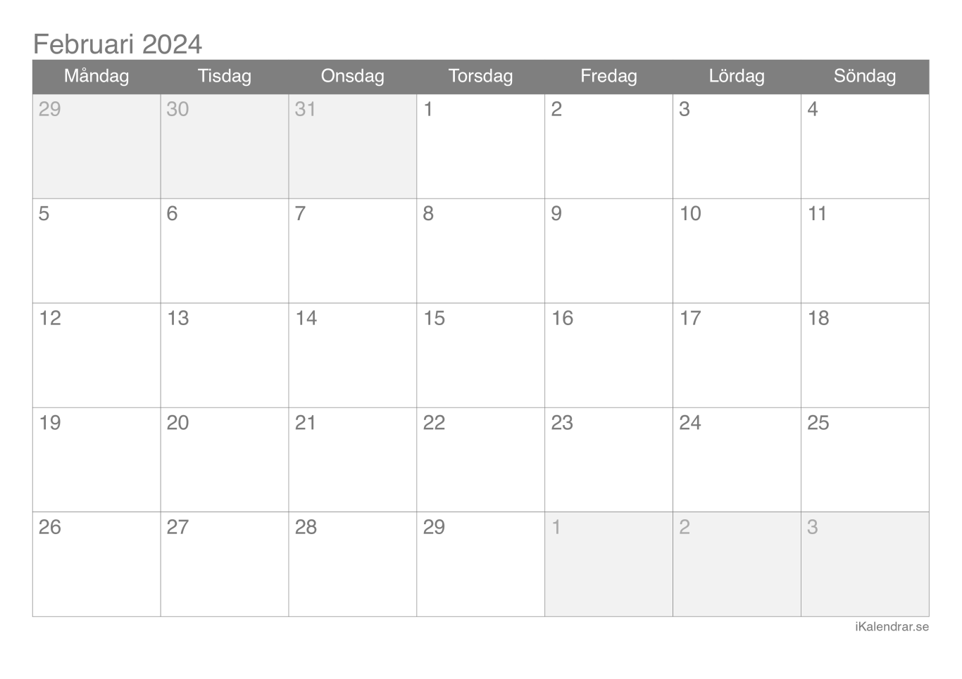 Månadskalender februari 2024