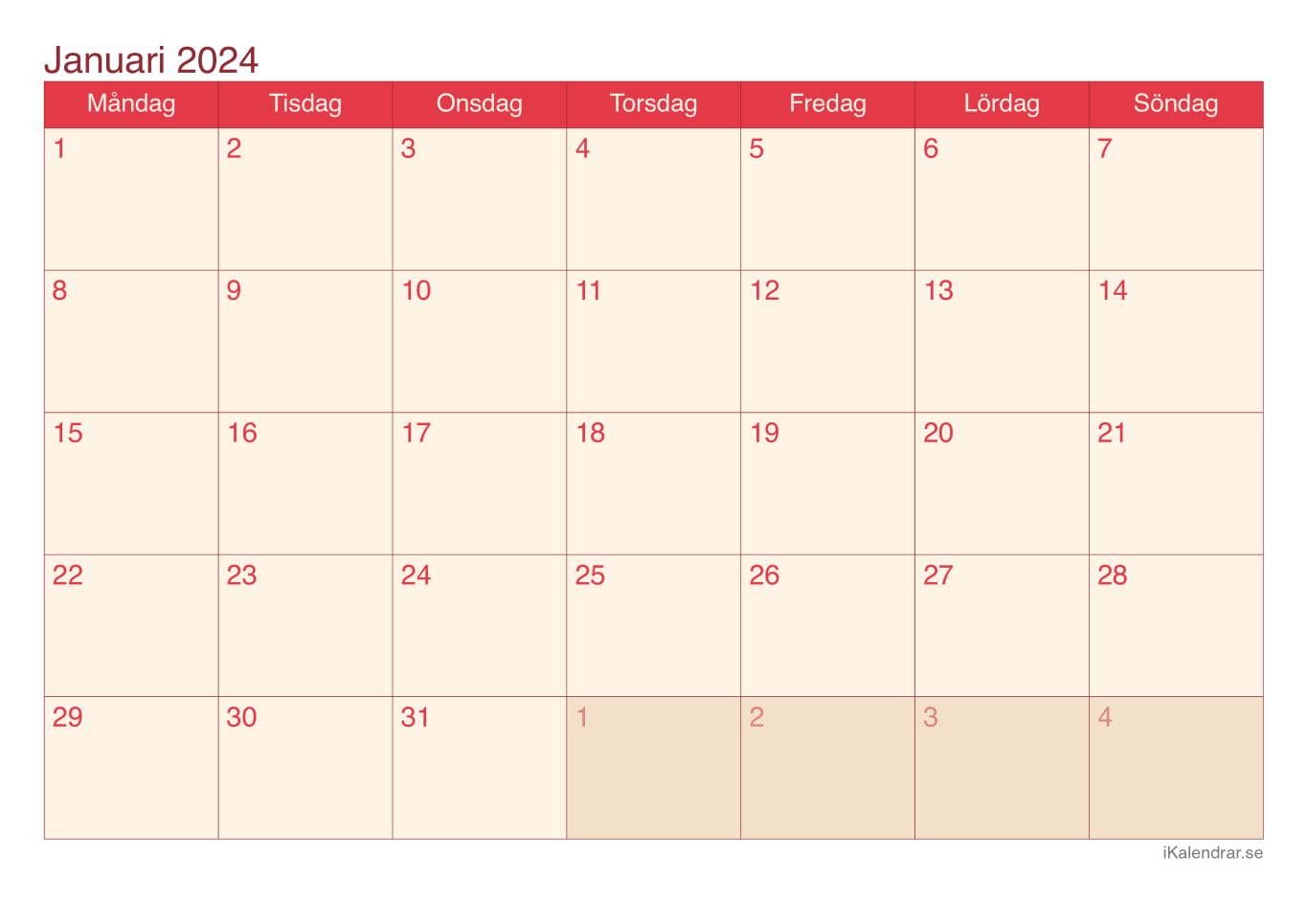 Månadskalender januari 2024 - Cherry