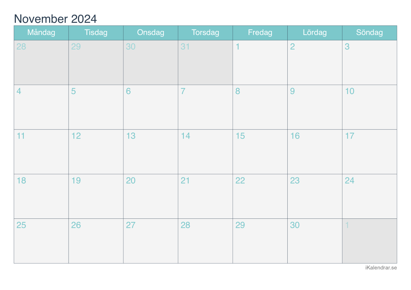 Månadskalender november 2024 - Turkis