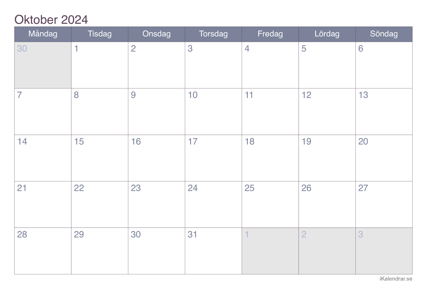 Månadskalender oktober 2024 - Office