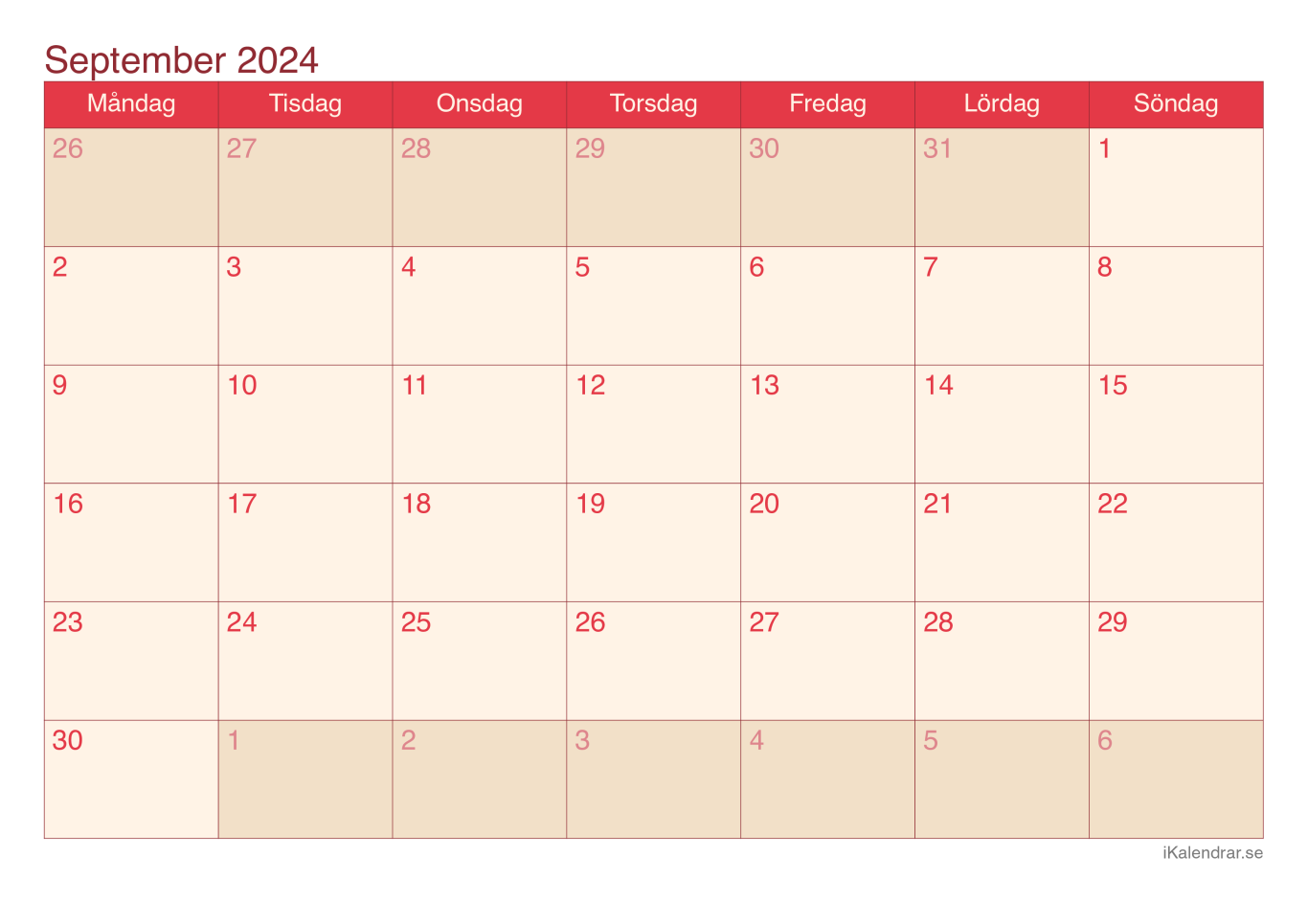 Månadskalender september 2024 - Cherry