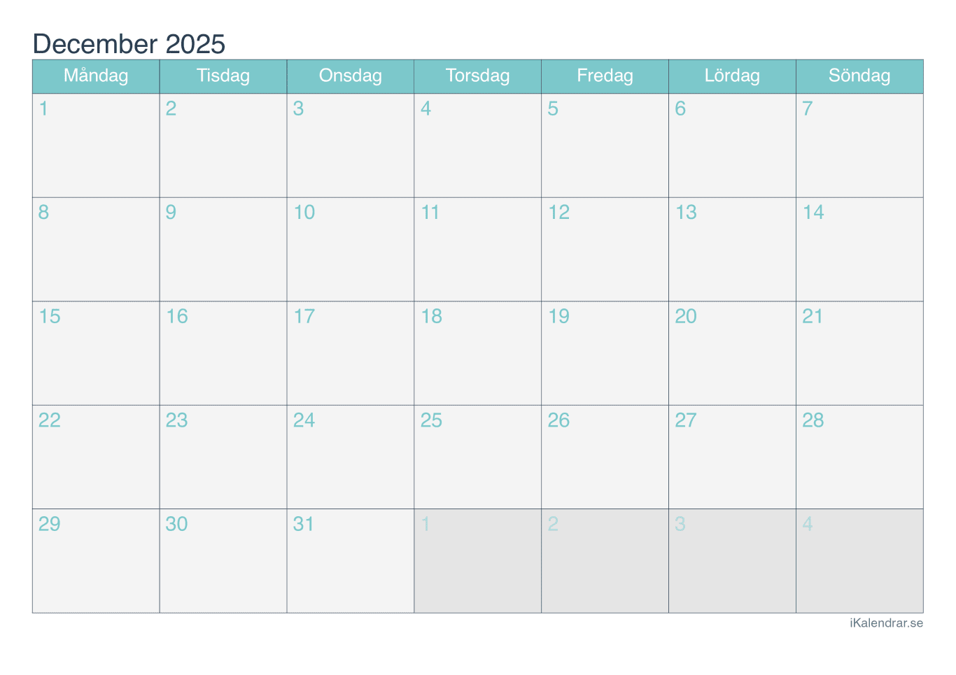 Månadskalender december 2025 - Turkis