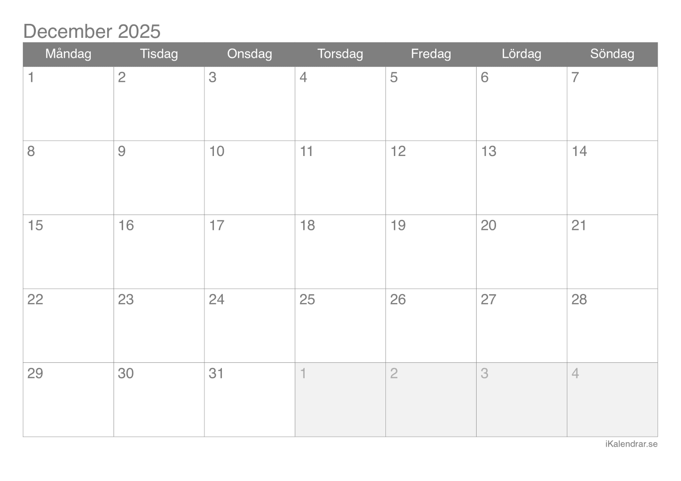 Månadskalender december 2025