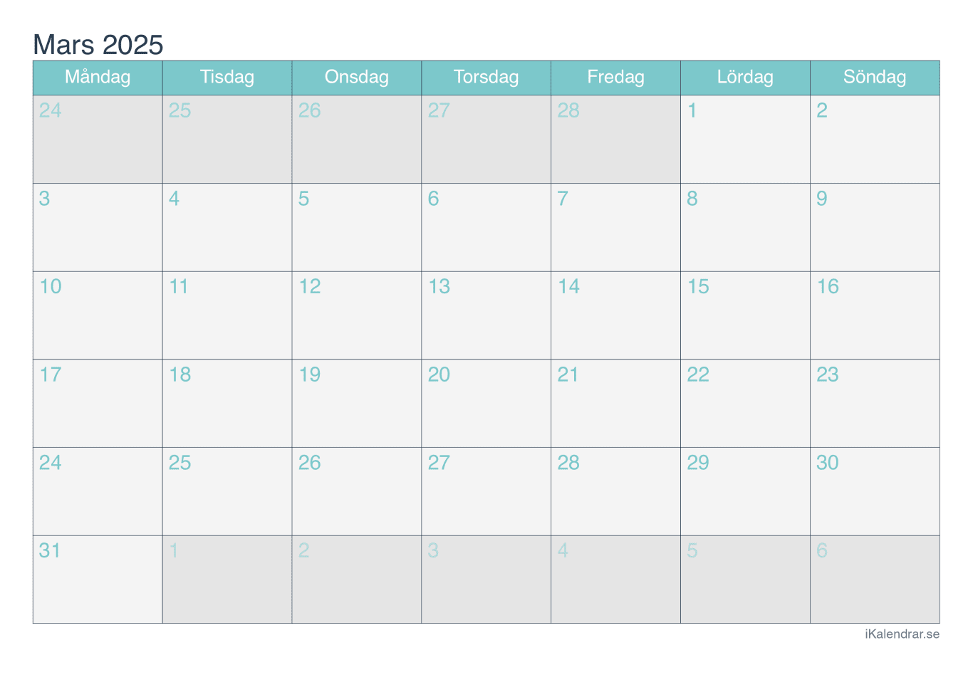 Månadskalender mars 2025 - Turkis