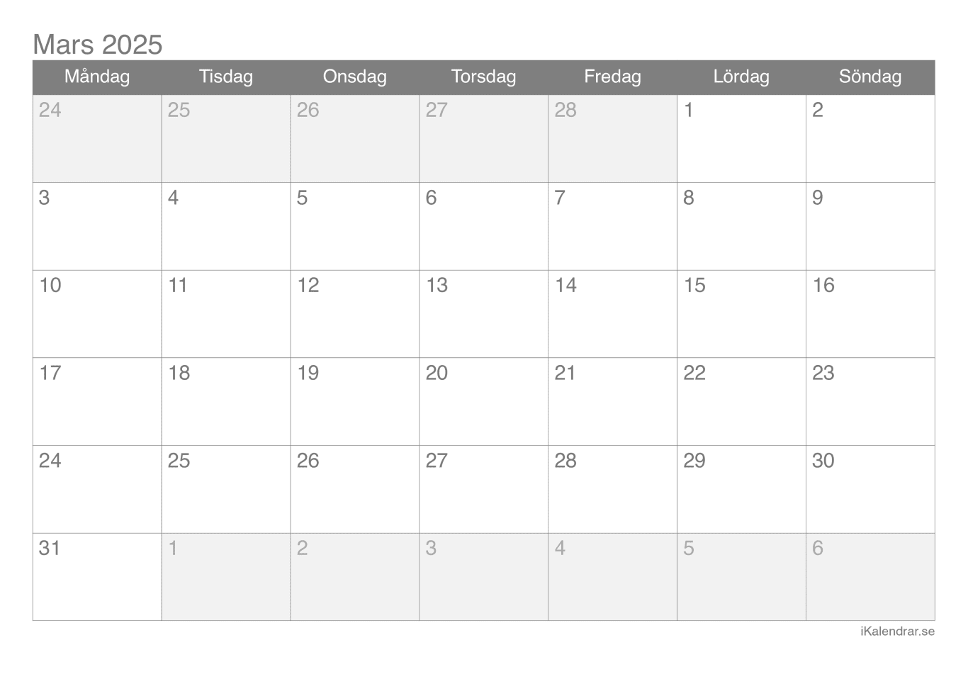 Månadskalender mars 2025