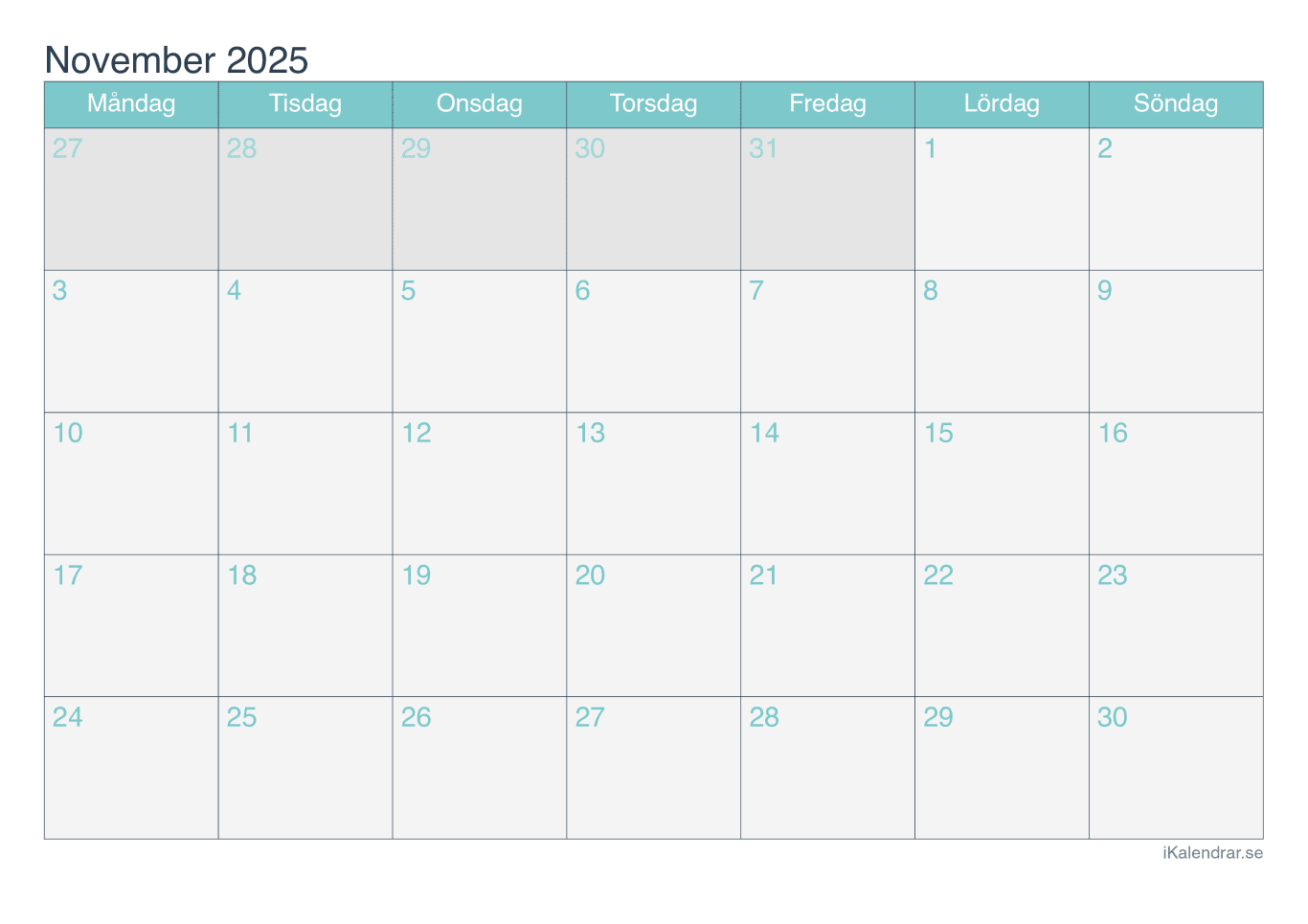 Månadskalender november 2025 - Turkis