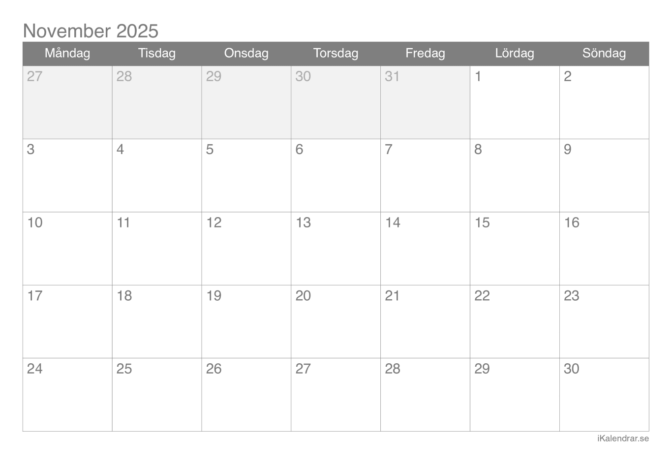 Månadskalender november 2025