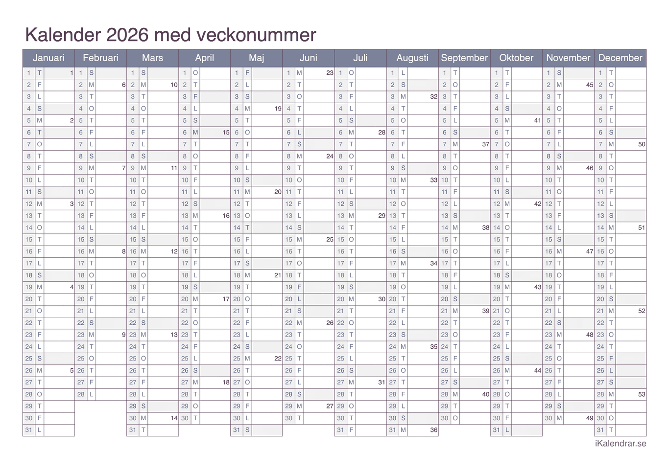 Årskalender 2026 med veckonummer - Office