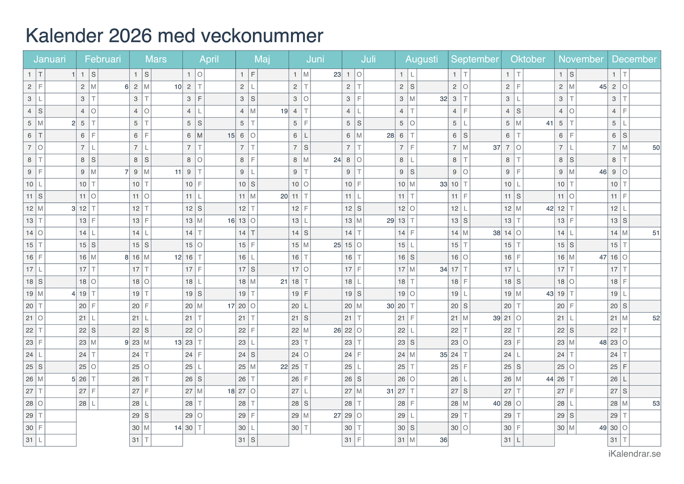 Årskalender 2026 med veckonummer - Turkis