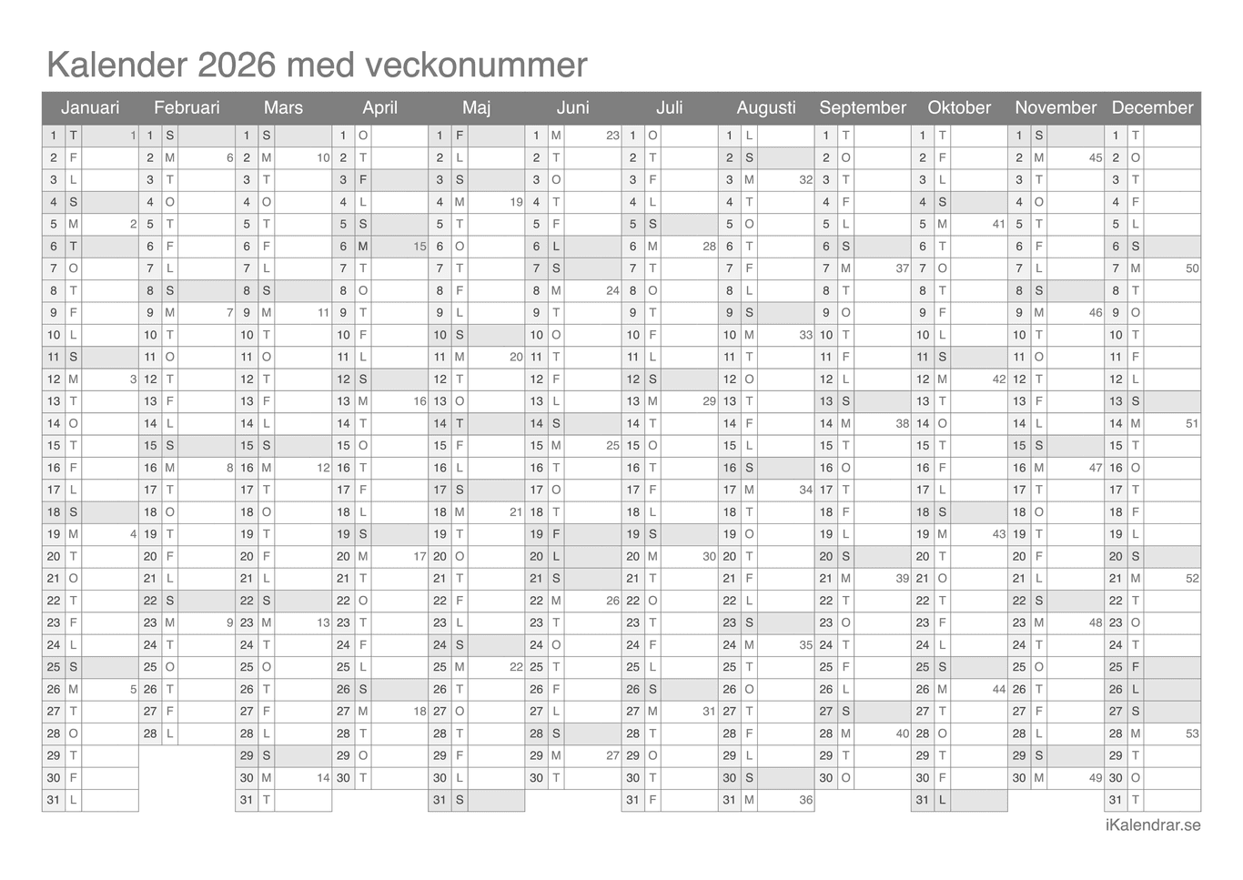 Årskalender 2026 med veckonummer