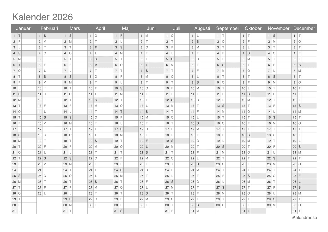 Årskalender 2026