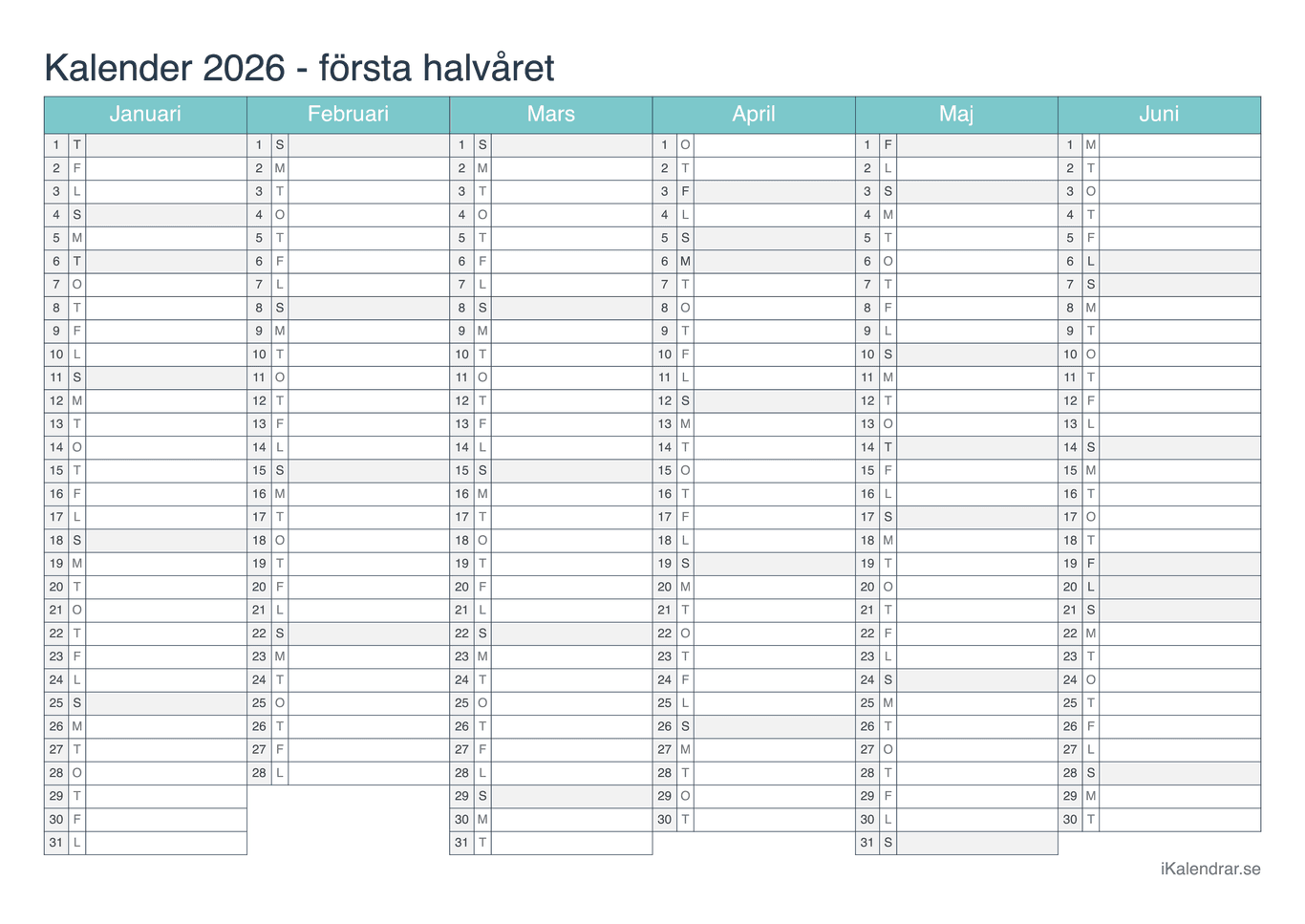 Halvårskalender 2026 - Turkis
