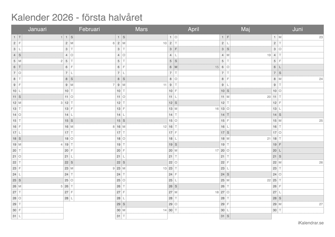 Halvårskalender med veckonummer 2026
