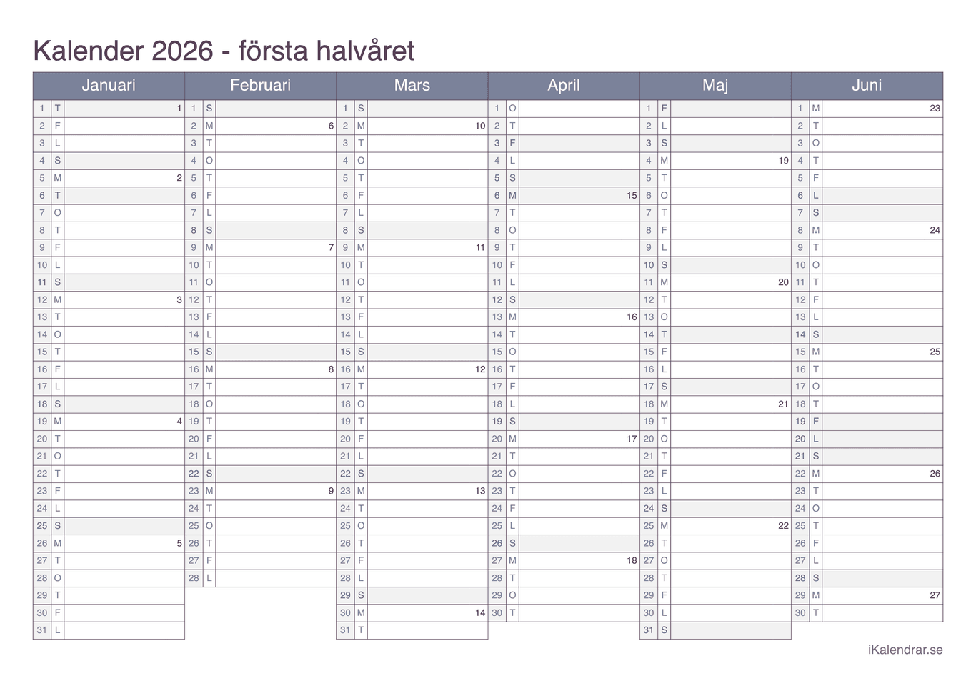 Halvårskalender med veckonummer 2026 - Office