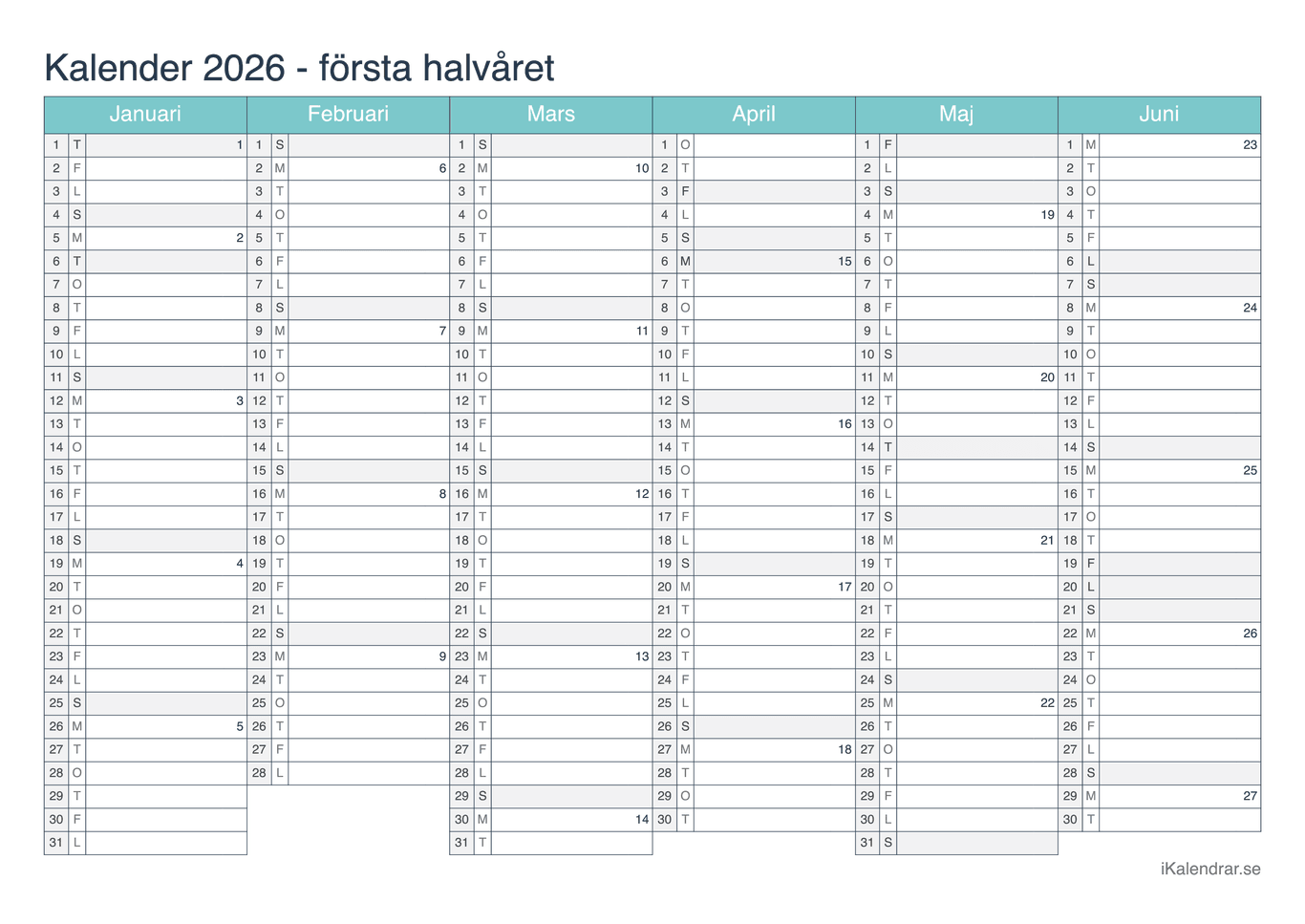 Halvårskalender med veckonummer 2026 - Turkis
