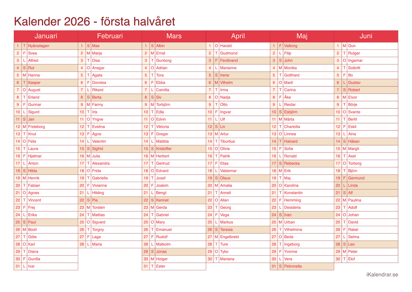 Halvårskalender 2026 med dagens fest - Cherry