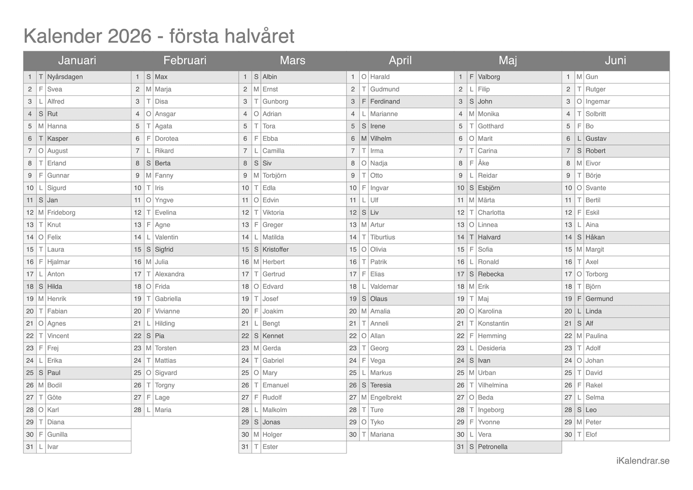 Halvårskalender 2026 med dagens fest