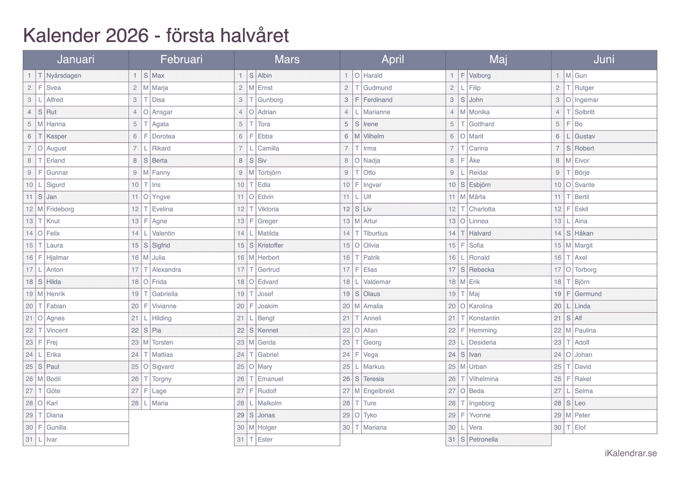 Halvårskalender 2026 med dagens fest - Office