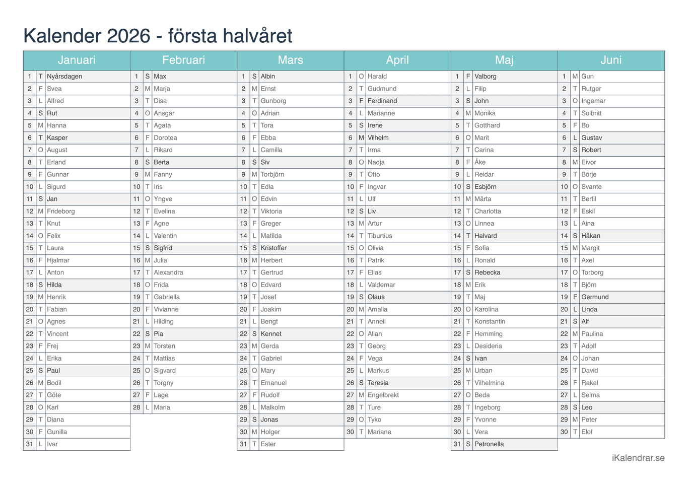 Halvårskalender 2026 med dagens fest - Turkis