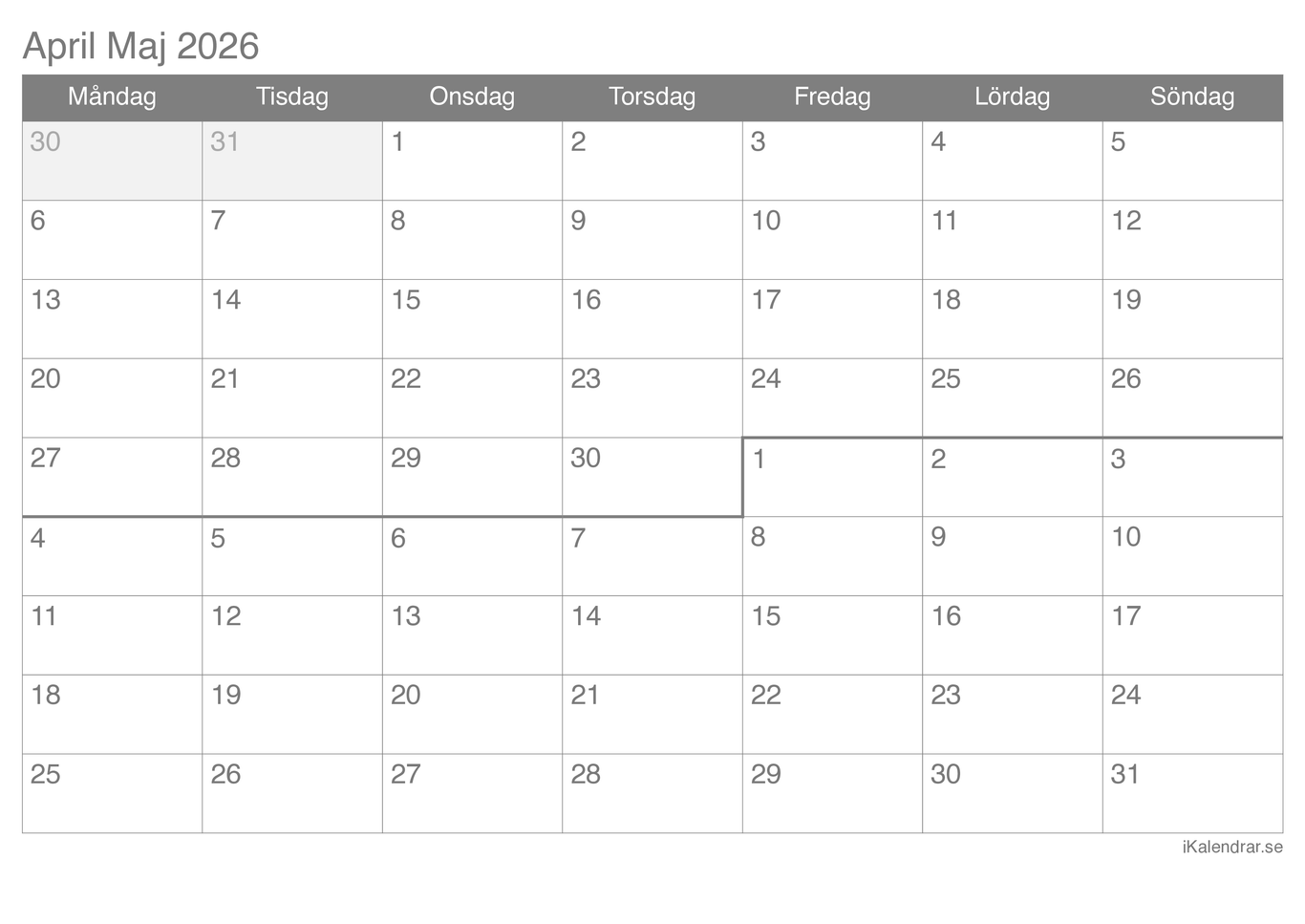 Månadskalender april maj 2026