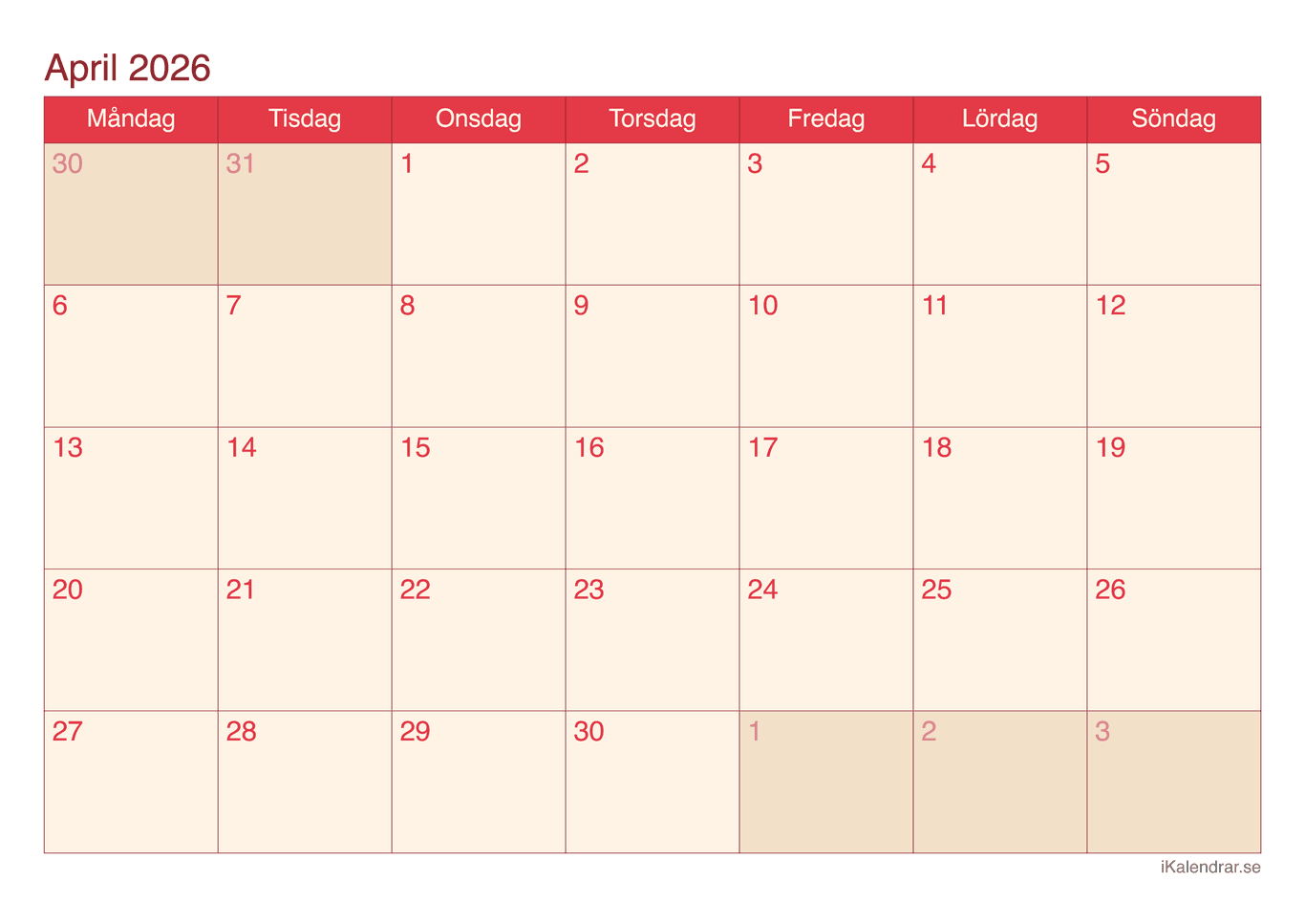 Månadskalender april 2026 - Cherry
