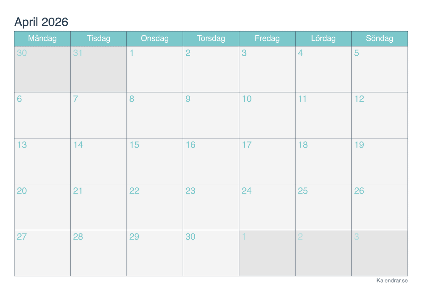 Månadskalender april 2026 - Turkis