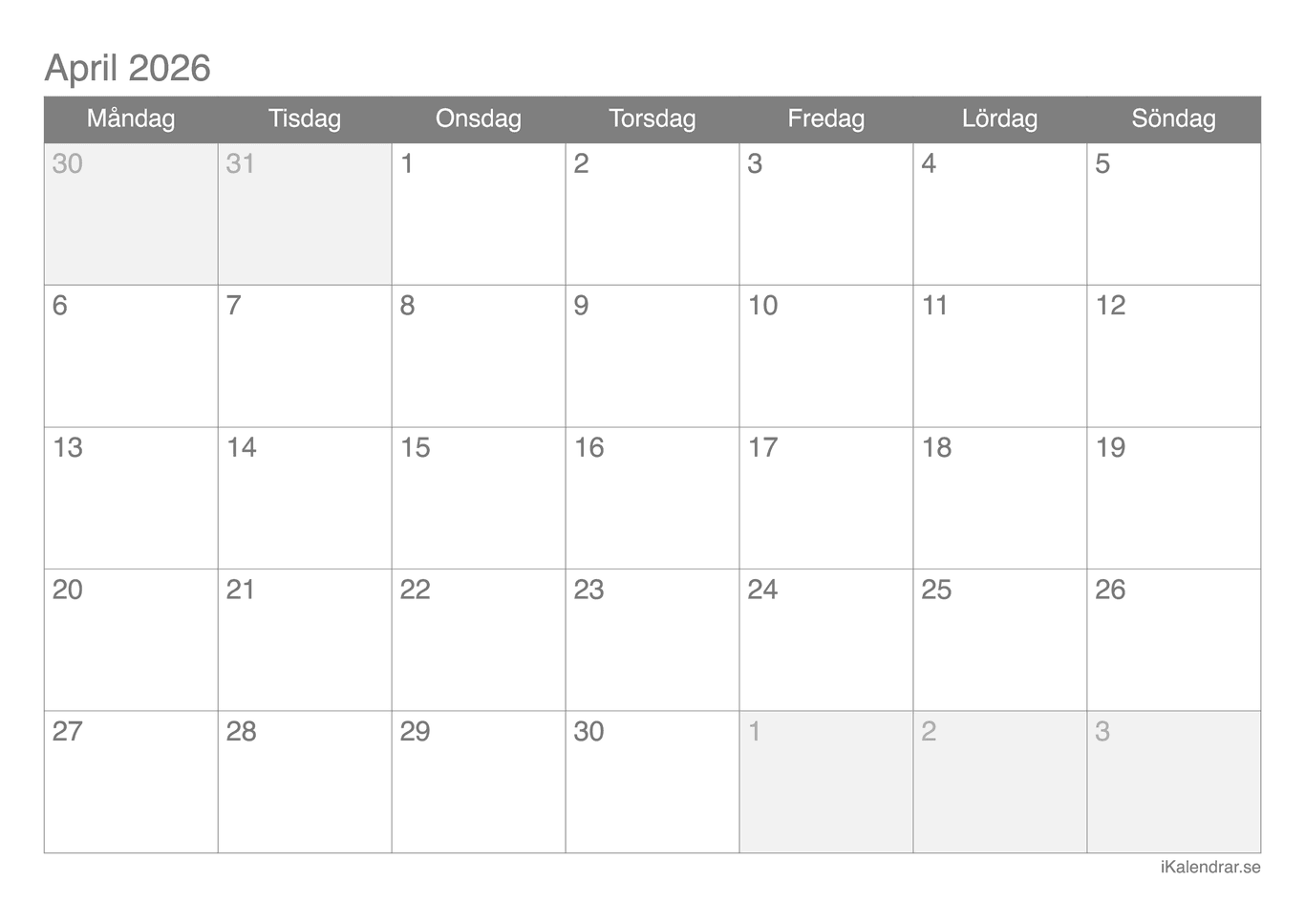 Månadskalender april 2026