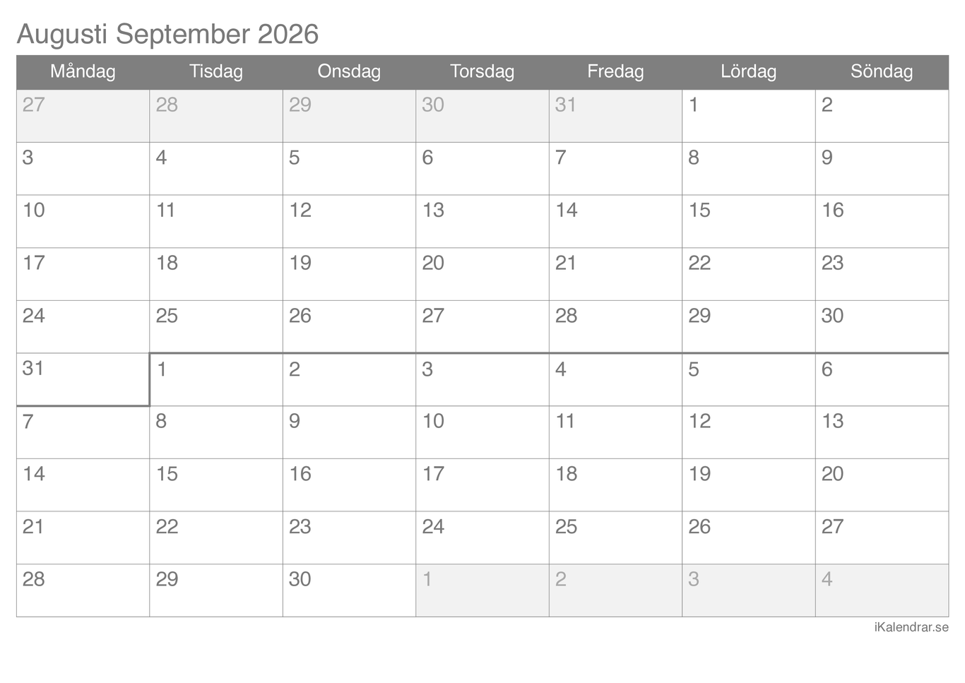 Månadskalender augusti september 2026