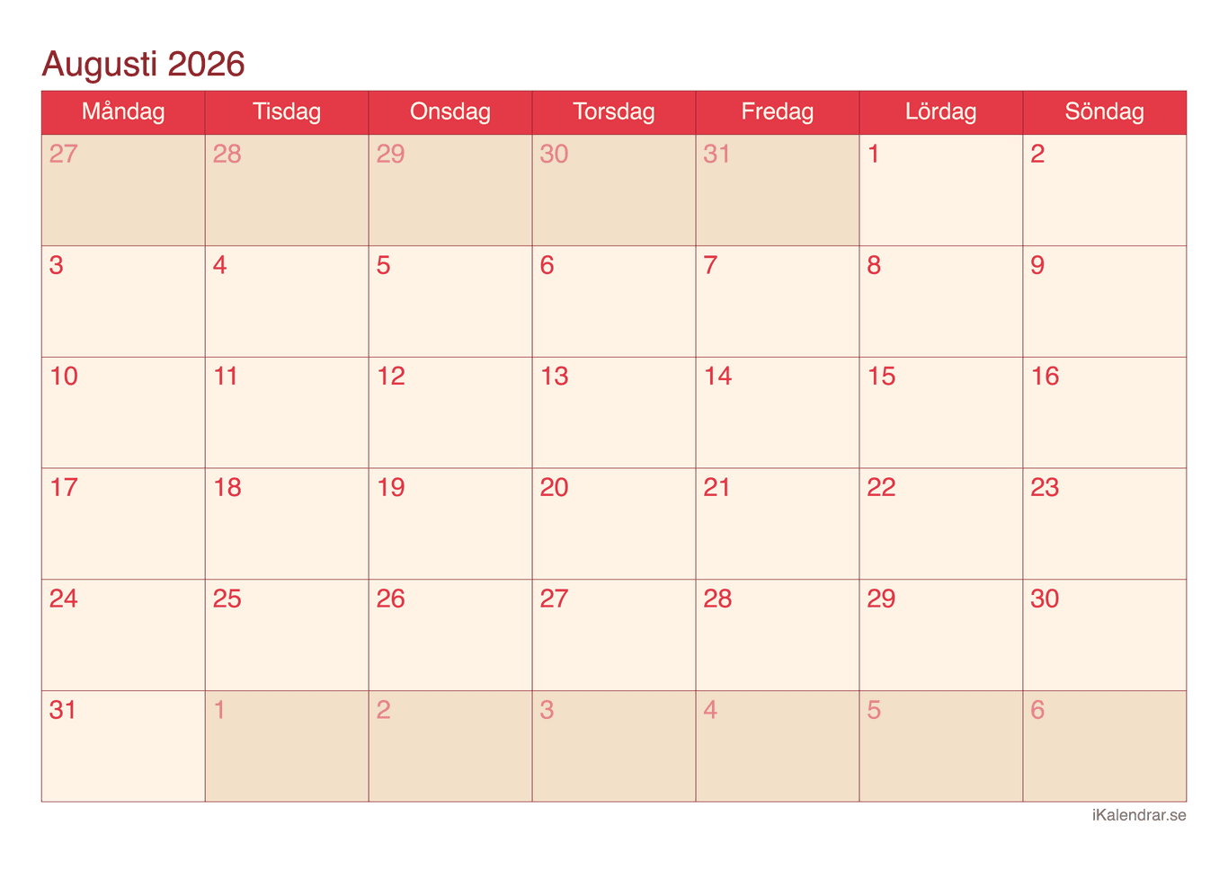Månadskalender augusti 2026 - Cherry
