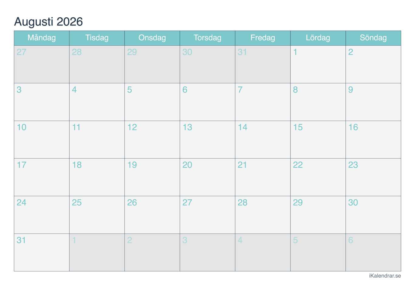 Månadskalender augusti 2026 - Turkis