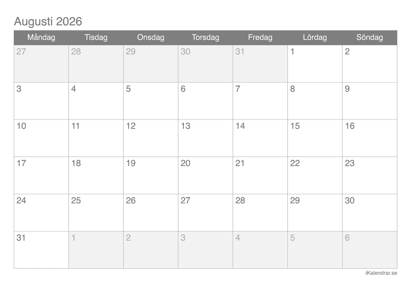 Månadskalender augusti 2026