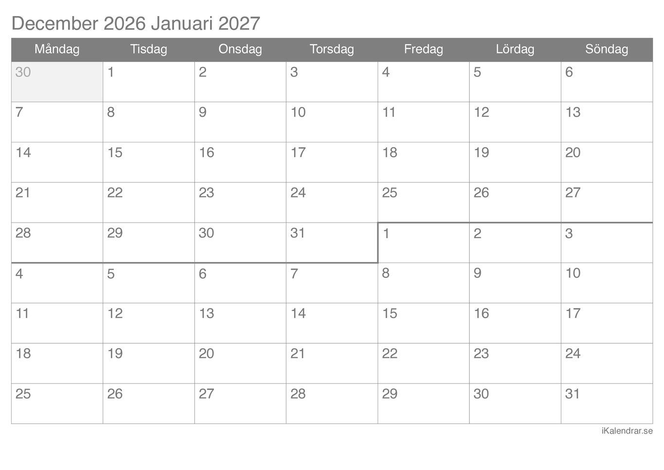 Månadskalender december januari 2026