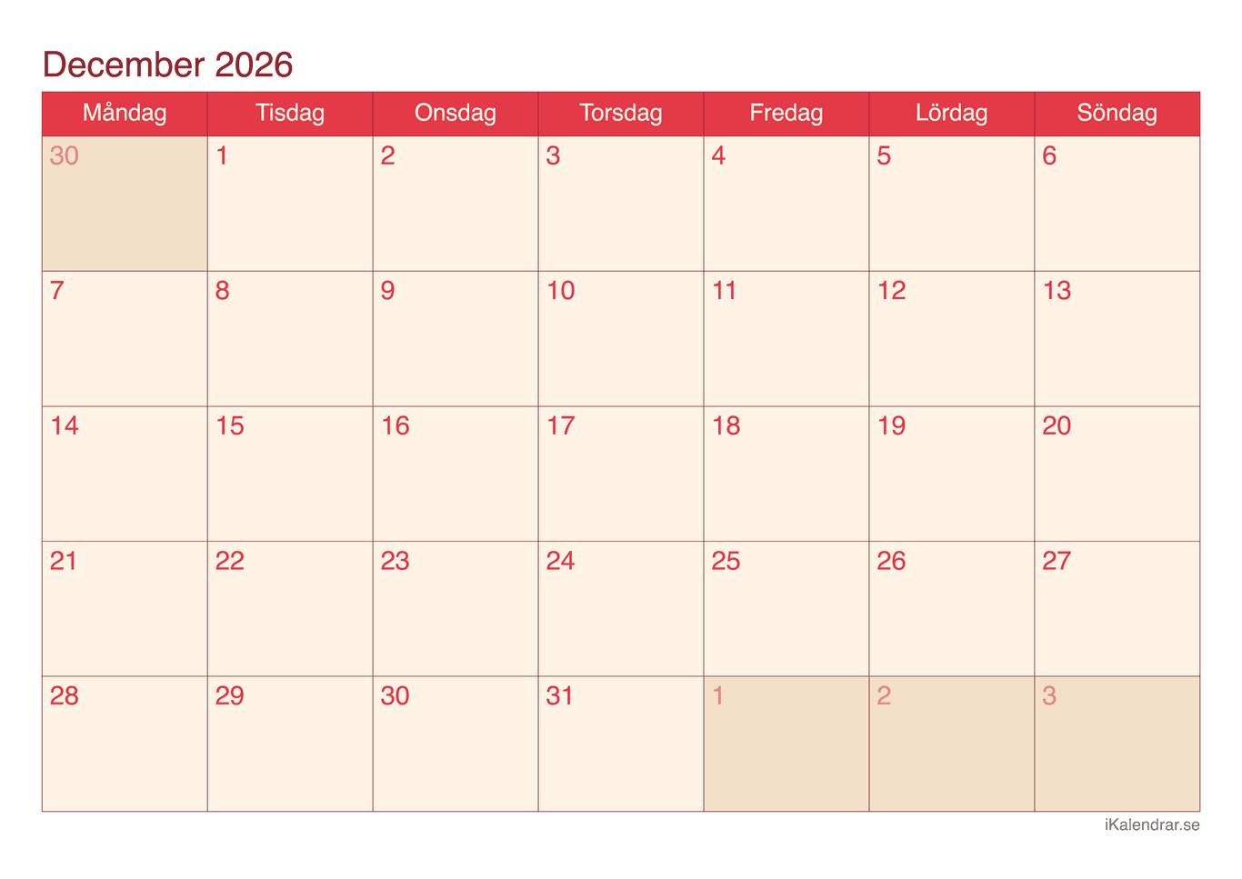 Månadskalender december 2026 - Cherry
