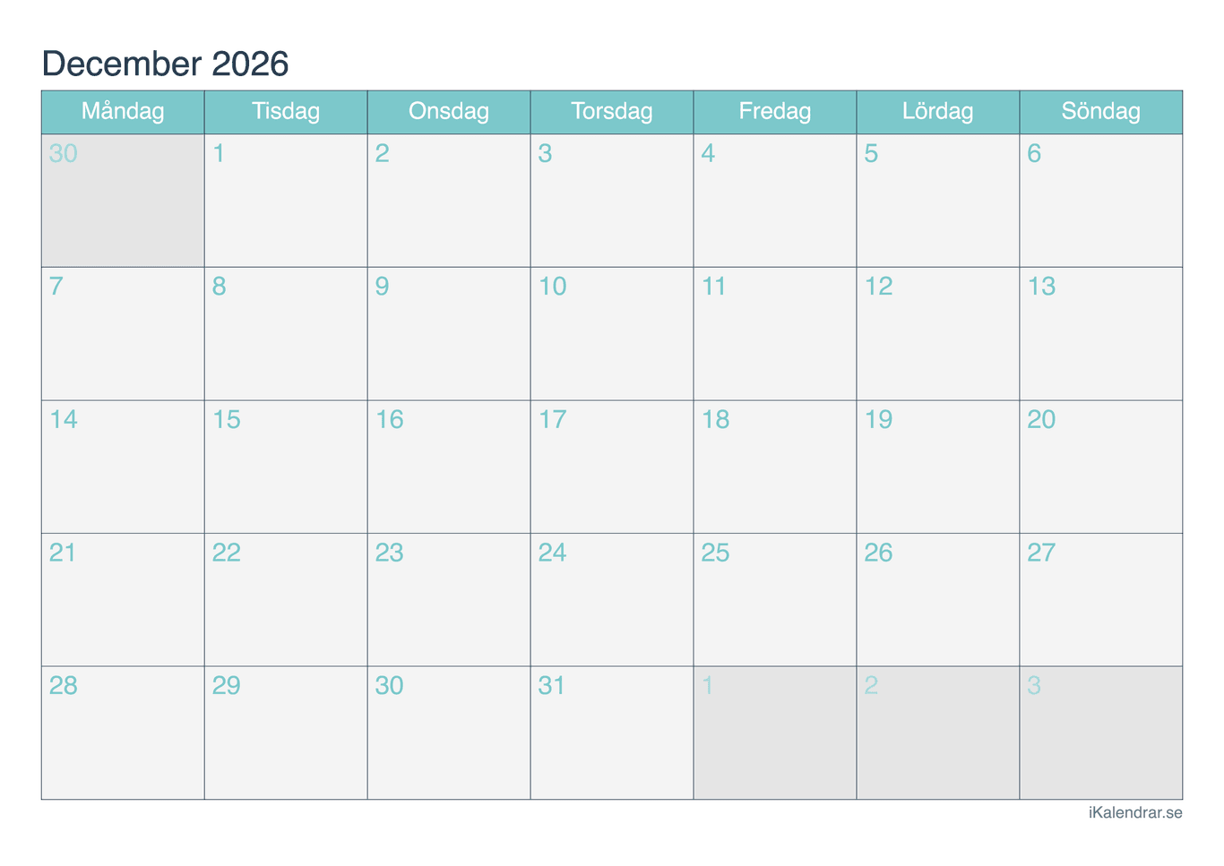 Månadskalender december 2026 - Turkis