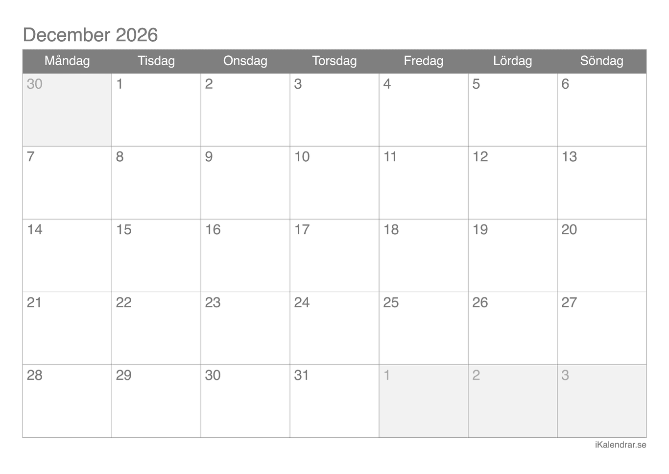 Månadskalender december 2026
