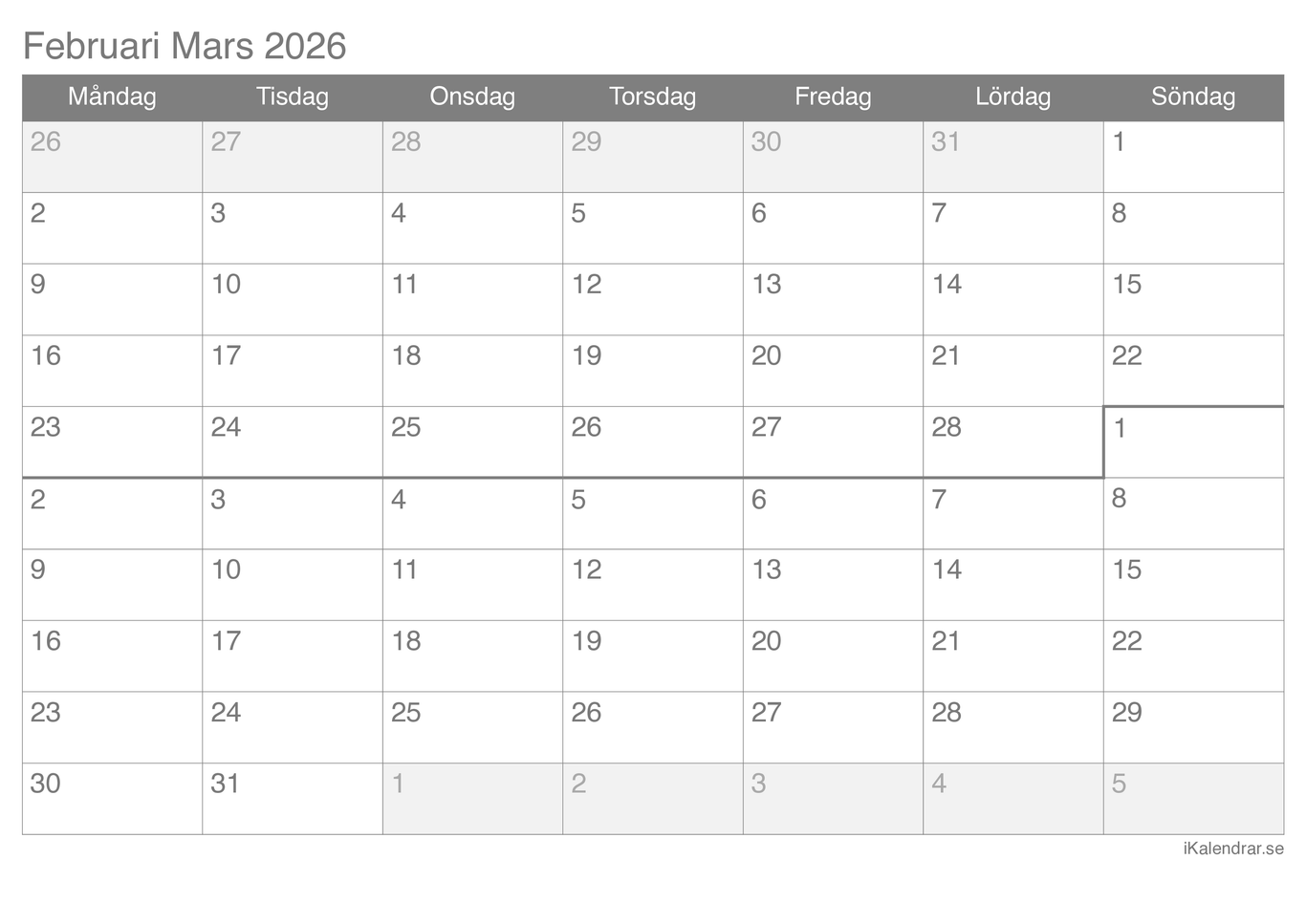Månadskalender februari mars 2026