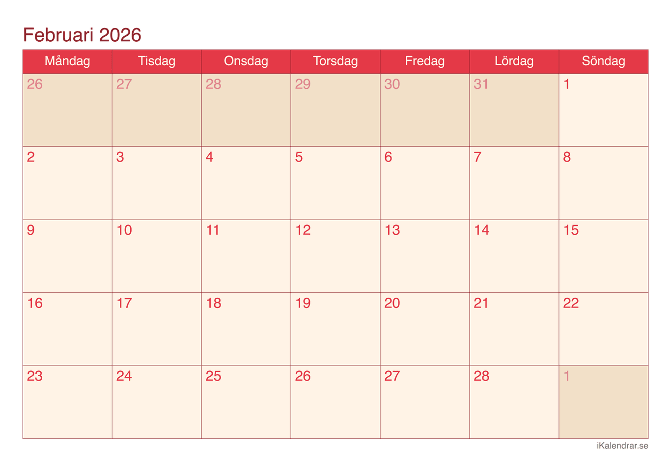 Månadskalender februari 2026 - Cherry