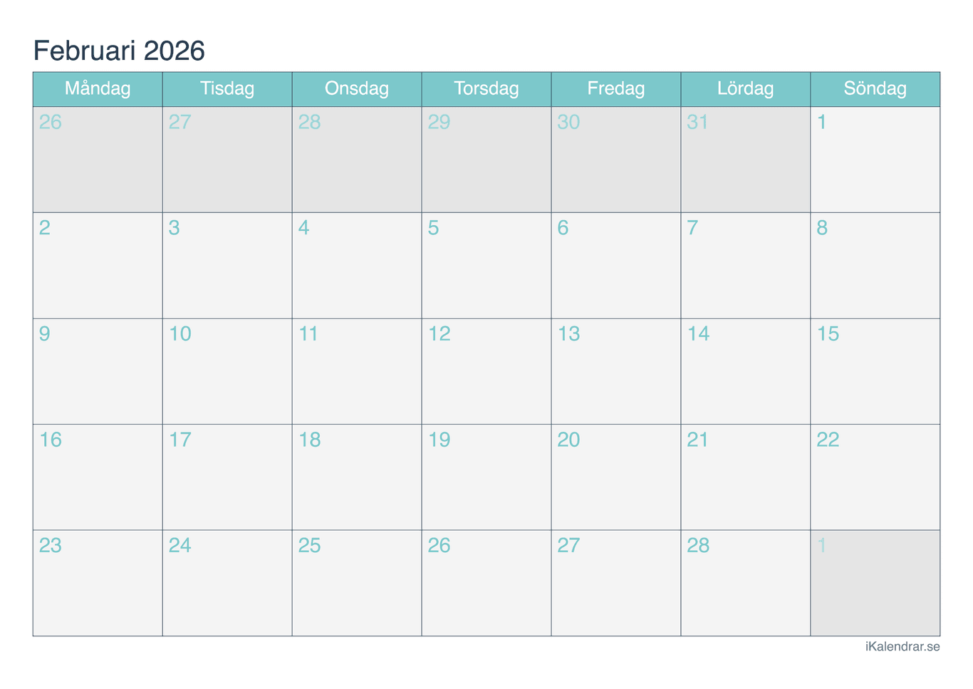Månadskalender februari 2026 - Turkis