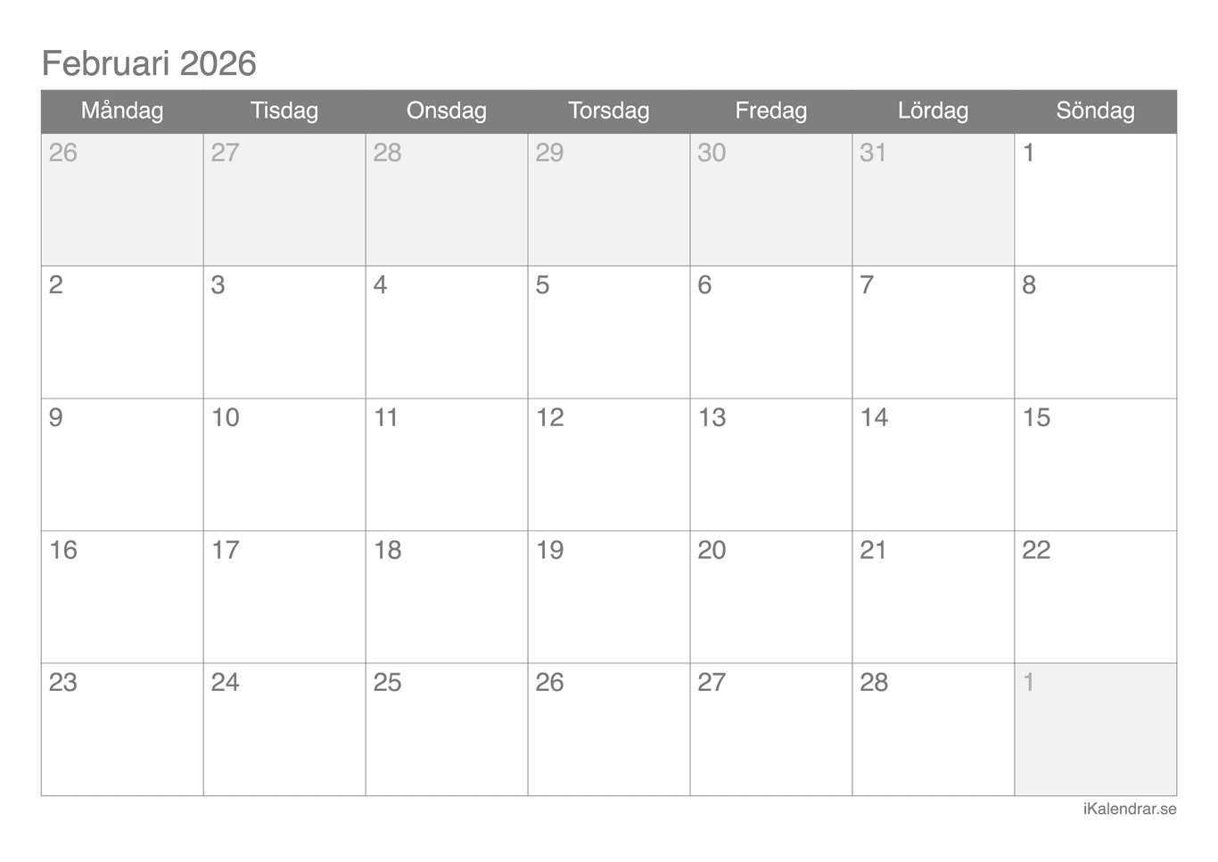 Månadskalender februari 2026