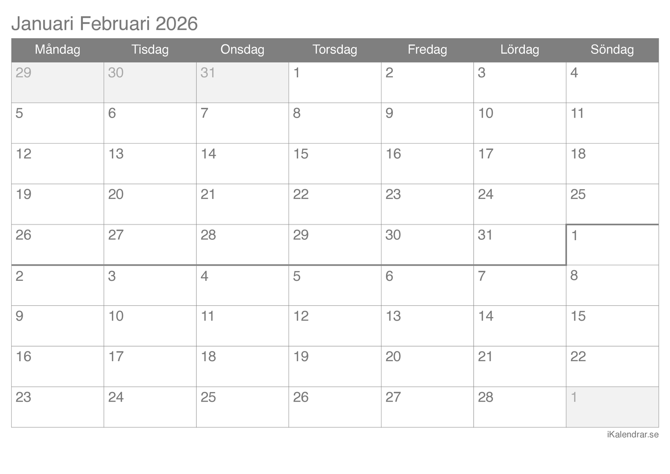 Månadskalender januari februari 2026