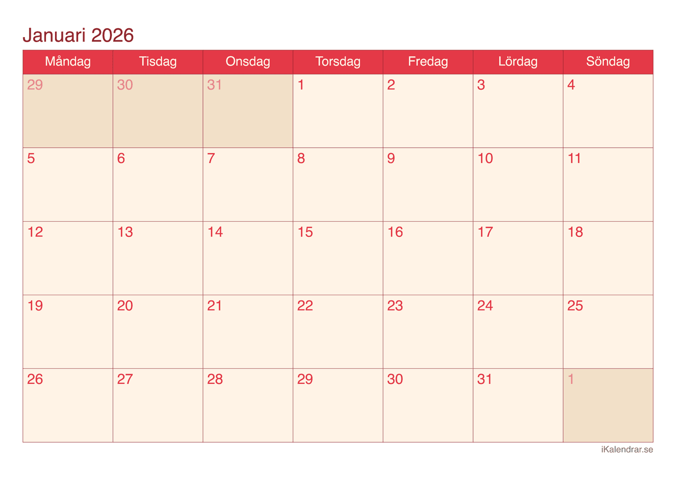 Månadskalender januari 2026 - Cherry