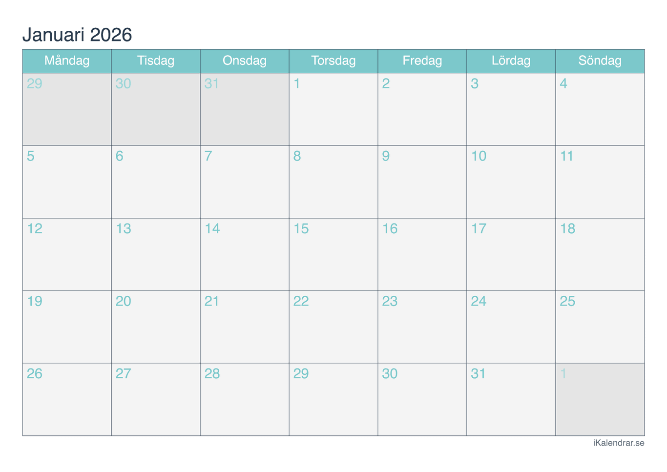 Månadskalender januari 2026 - Turkis