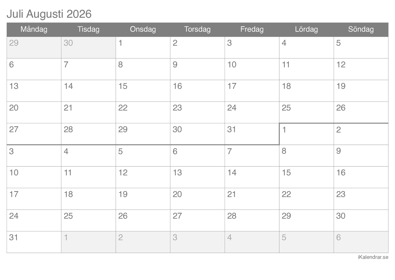 Månadskalender juli augusti 2026