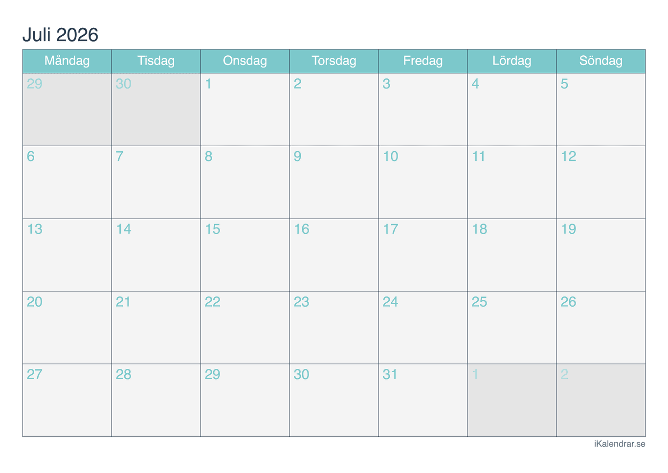 Månadskalender juli 2026 - Turkis