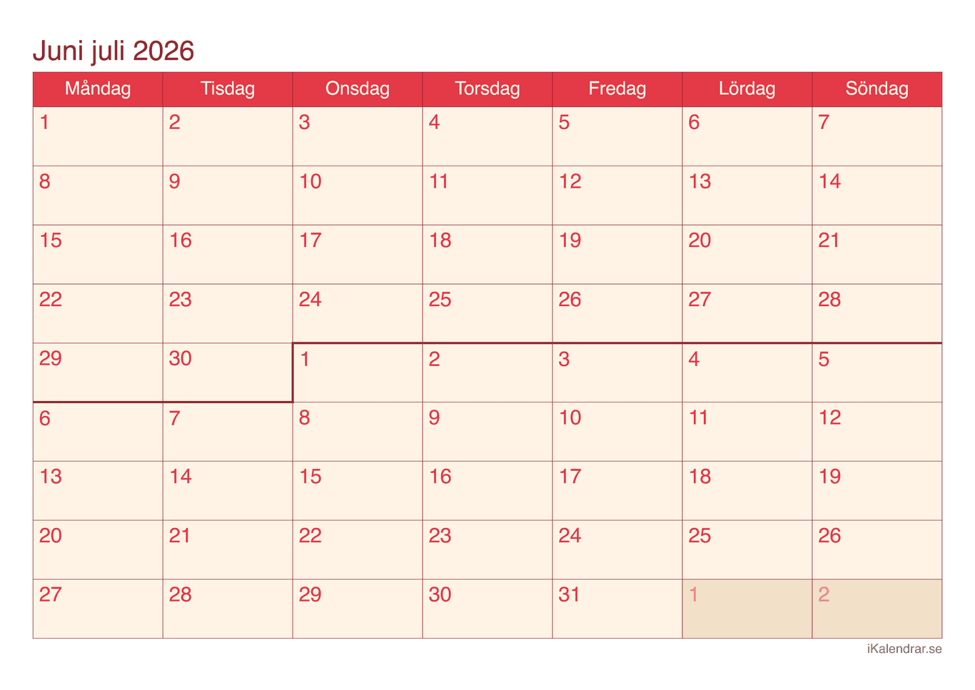 Månadskalender juni juli 2026 - Cherry