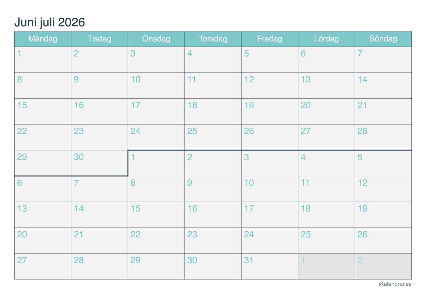 Månadskalender juni juli 2026 - Turkis